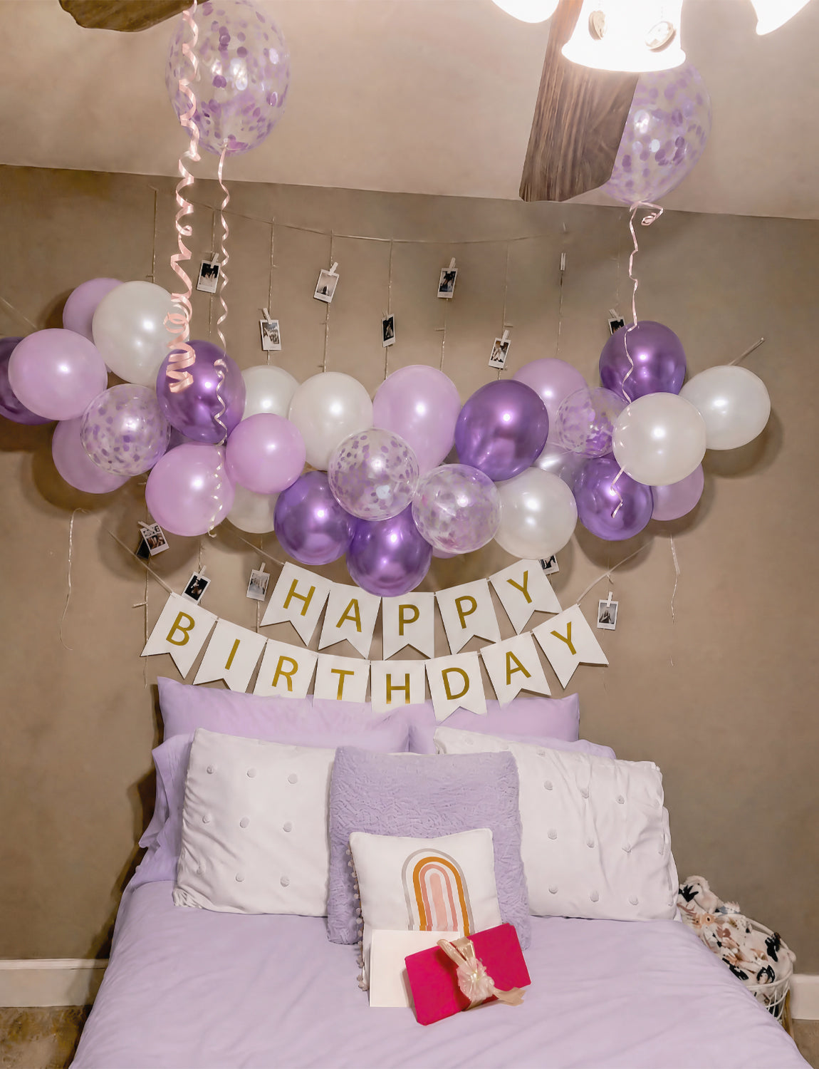 Purple Happy Birthday Banner - Purple Birthday Decorations with 12 Inch Lilac and White Latex Confetti Balloons Reusable Bunting Banner for Girls Women Pet Happy Birth Party Decorations