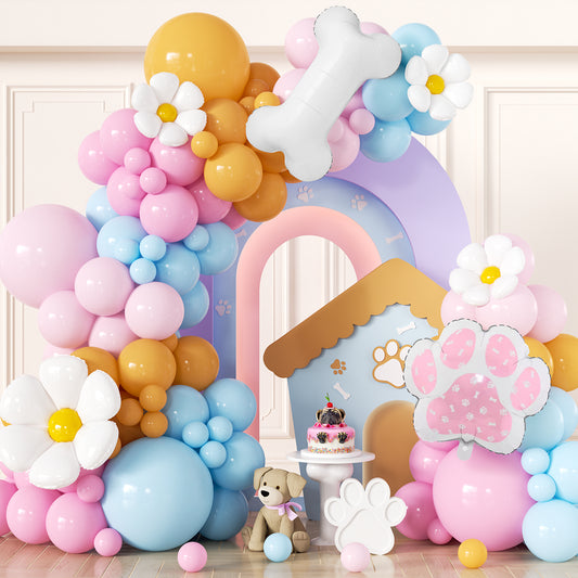 Adeyoo Blue Balloon Garland Arch Kit, Dog Bone and Paw Balloons with Pastel Pink Blue Orange Balloons, Daisy Balloon for Puppy Birthday Decorations, Boys Girls Birthday Party, Baby Shower Supplies
