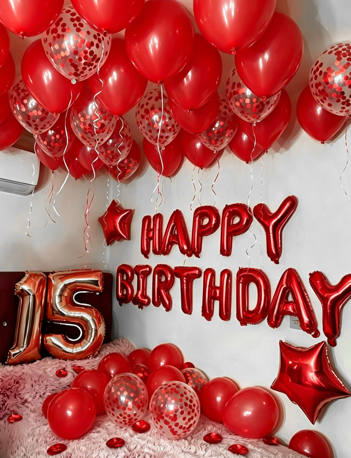 Red Happy Birthday Banner - Happy Birthday Decorations with Red Balloons and Foil Star Balloons Glitter Party Decorations for Women Men Pet Birth Party, Photo Shoot Supplies