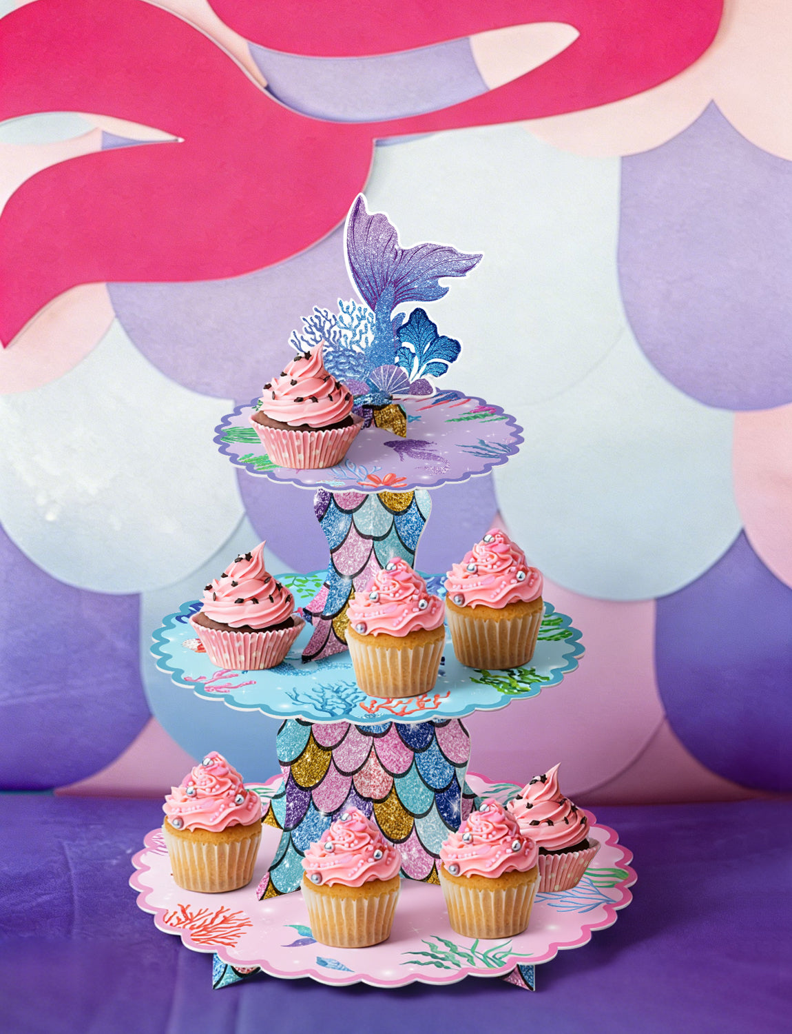 3 Tier Mermaid Cupcake Stand, Mermaid Party Decorations Mermaid Cupcake Holder for Dessert Table Display, Glitter Mermaid Cardboard Cupcake Stand, Under The Sea Party Supplies