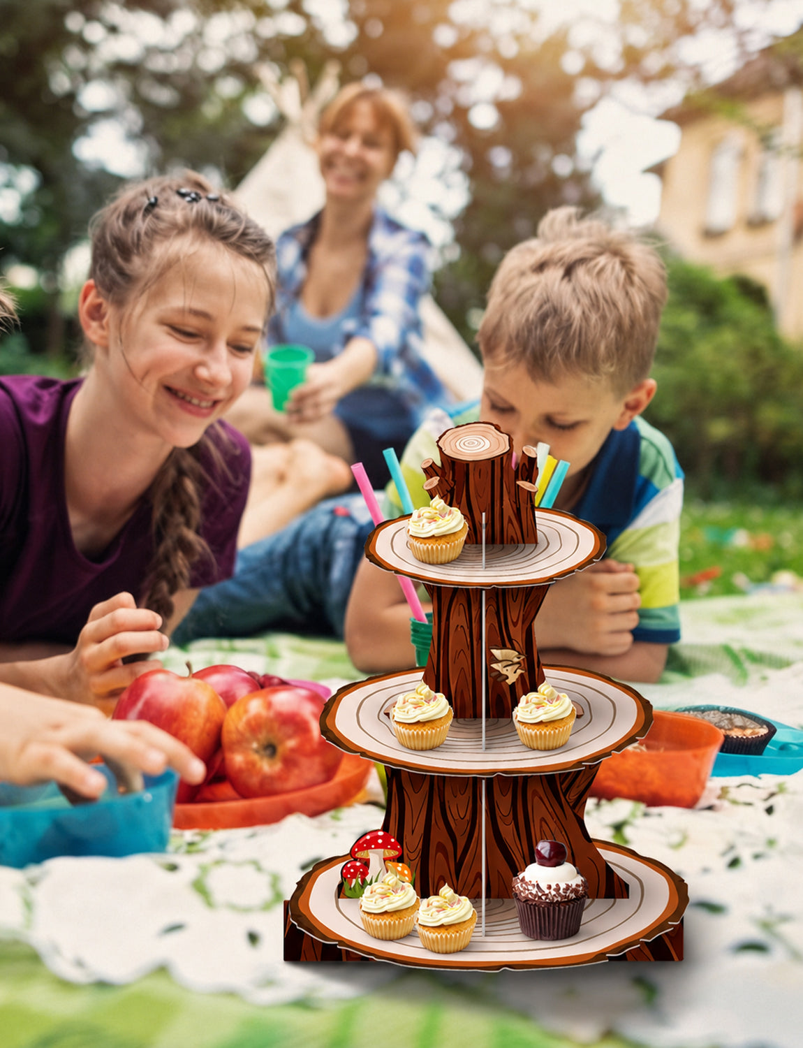 3 Tier Woodland Cupcake Stand, Rustic Wood Cupcake Holder Stand Wooden Cake Stand for Dessert Table Display, Woodland Cardboard Cupcake Stand for Camping Birthday Safari Party Decoration