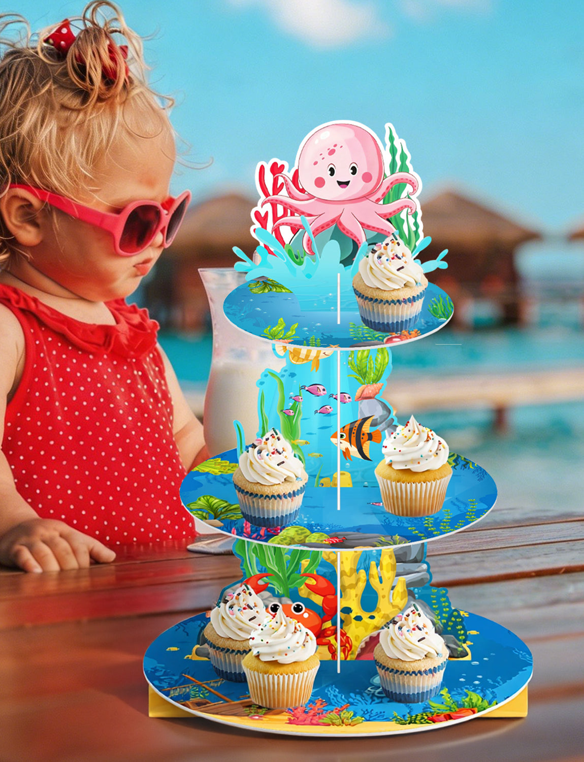 3 Tier Ocean Cupcake Stand, Under The Sea Cupcake Holder Cardboard Cupcake Stand for Dessert Table Display, Ocean Dessert Stand for Shark Mermaid Under the Sea Themed Birthday Party