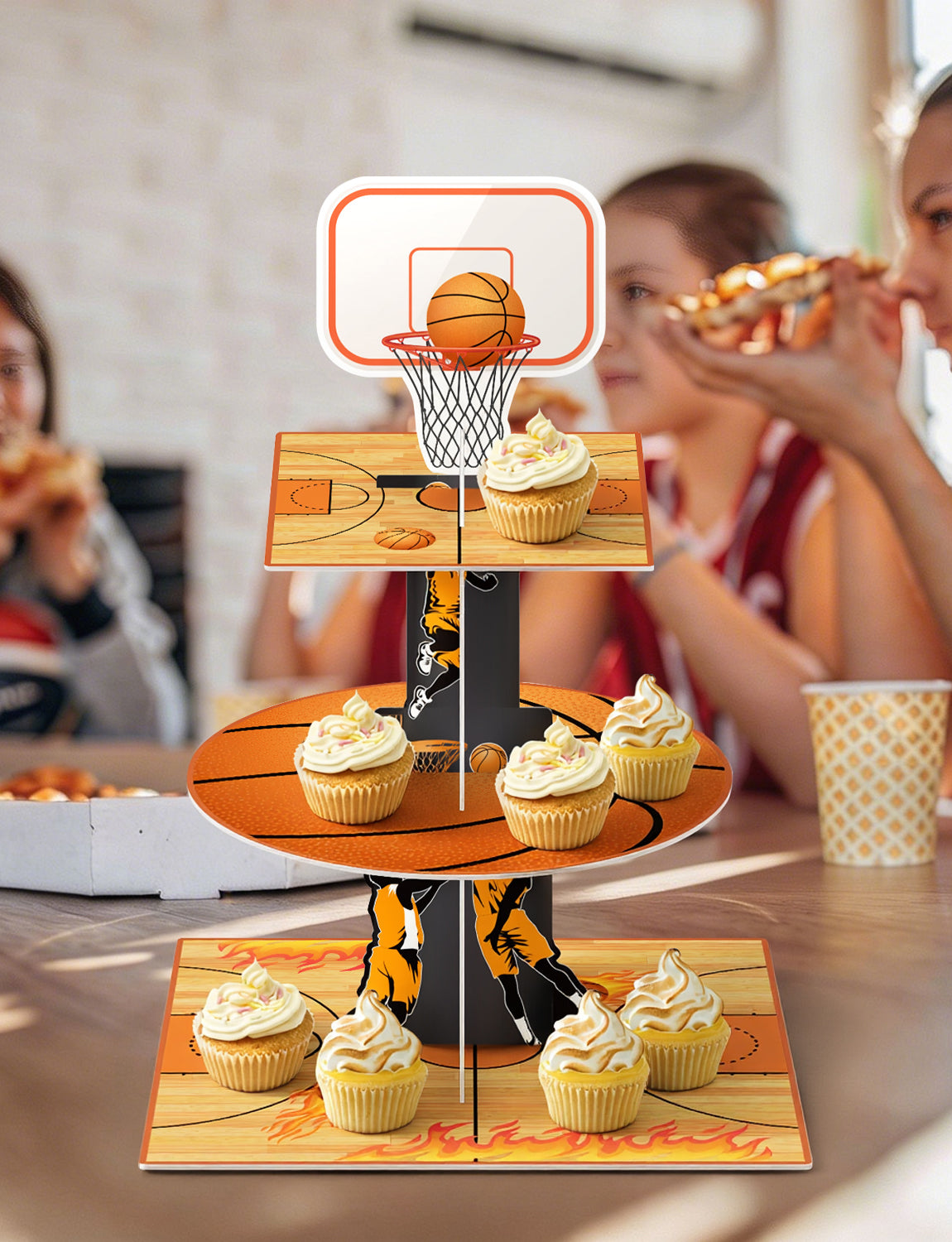 3 Tier Basketball Cupcake Stand, Basketball Theme Cupcake Holder Cardboard Cupcake Stand for Dessert Table Display, Basketball Decoration for Birthday Baby Shower Sports Theme Party Supplies