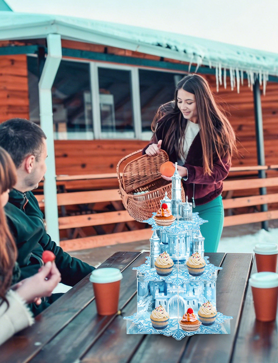 3 Tier Snowflake Cupcake Stand, Winter Wonderland Cupcake Holder Snowflake Cardboard Cupcake Stand, Blue Ice Castle Cup Cake Stand for Dessert Table Display, Winter Princess Birthday Party
