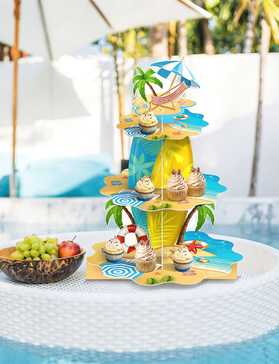 3 Tier Summer Beach Cupcake Stand, Pool Cupcake Holder Cardboard Cupcake Stand for Dessert Table Displays, Hawaiian Party Decorations for Summer Beach Tropical Pool Birthday