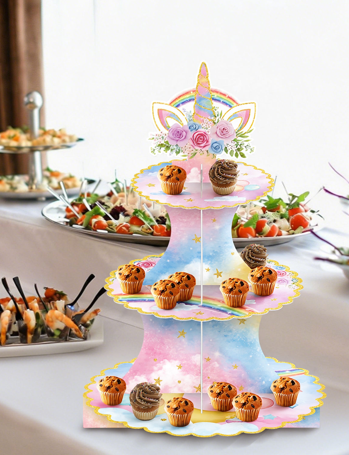 3 Tier Rainbow Cupcake Stand, Pastel Cake Stand for Rainbow Decor Pink Blue Cardboard Cupcake Holder for Dessert Table Display, Rainbow Birthday Decorations for Girls' Magical Floral Party