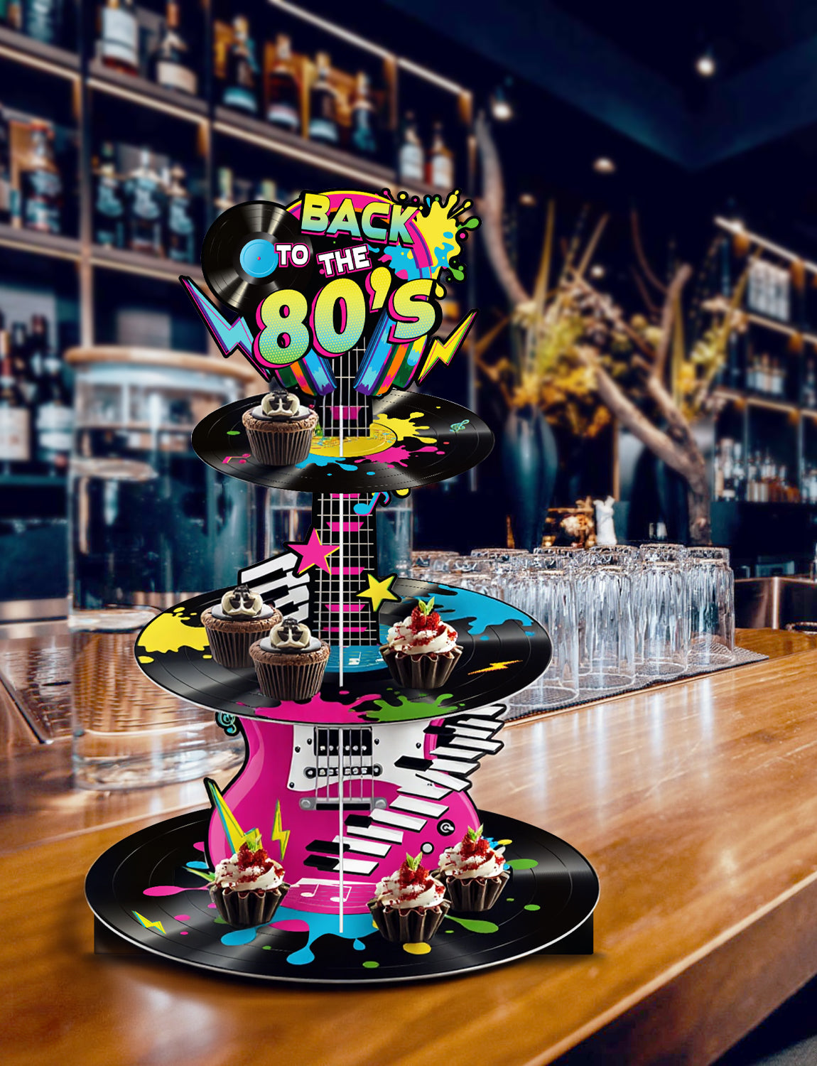 3 Tier 80s Cupcake Stand, Back To The 80's Guitar Cupcake Holder 1980s Cardboard Cupcake Stand, Neon Rock Cup Cake Stand for Dessert Stand, Hip Hop Rock Disco Music Birthday Party Decoration