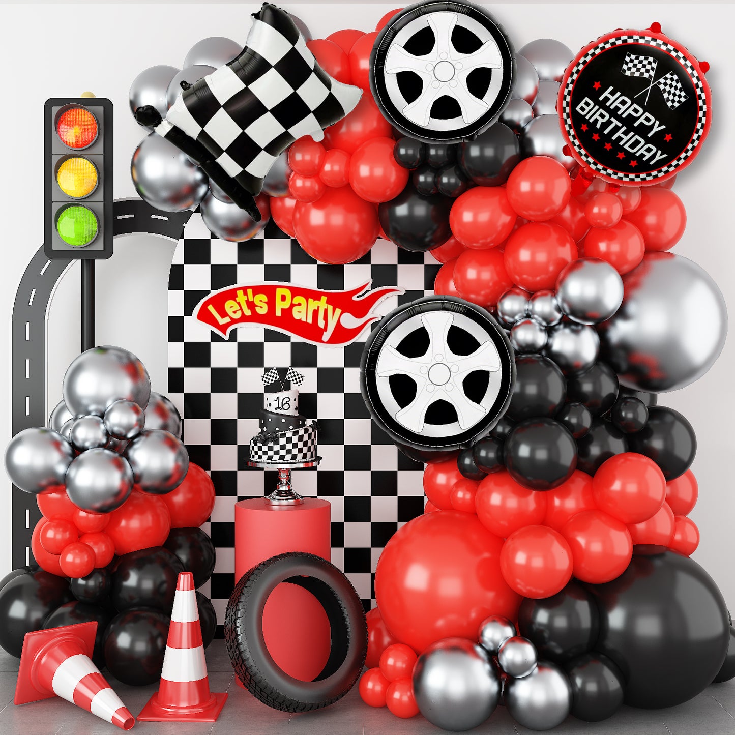 Adeyoo Race Car Balloons Arch Garland Kit - 102Pcs Red Black Silver Balloon Arch with Checkered Wheels Race Car Foil Balloons for Racing Themed Birthday Baby Shower Party Decorations