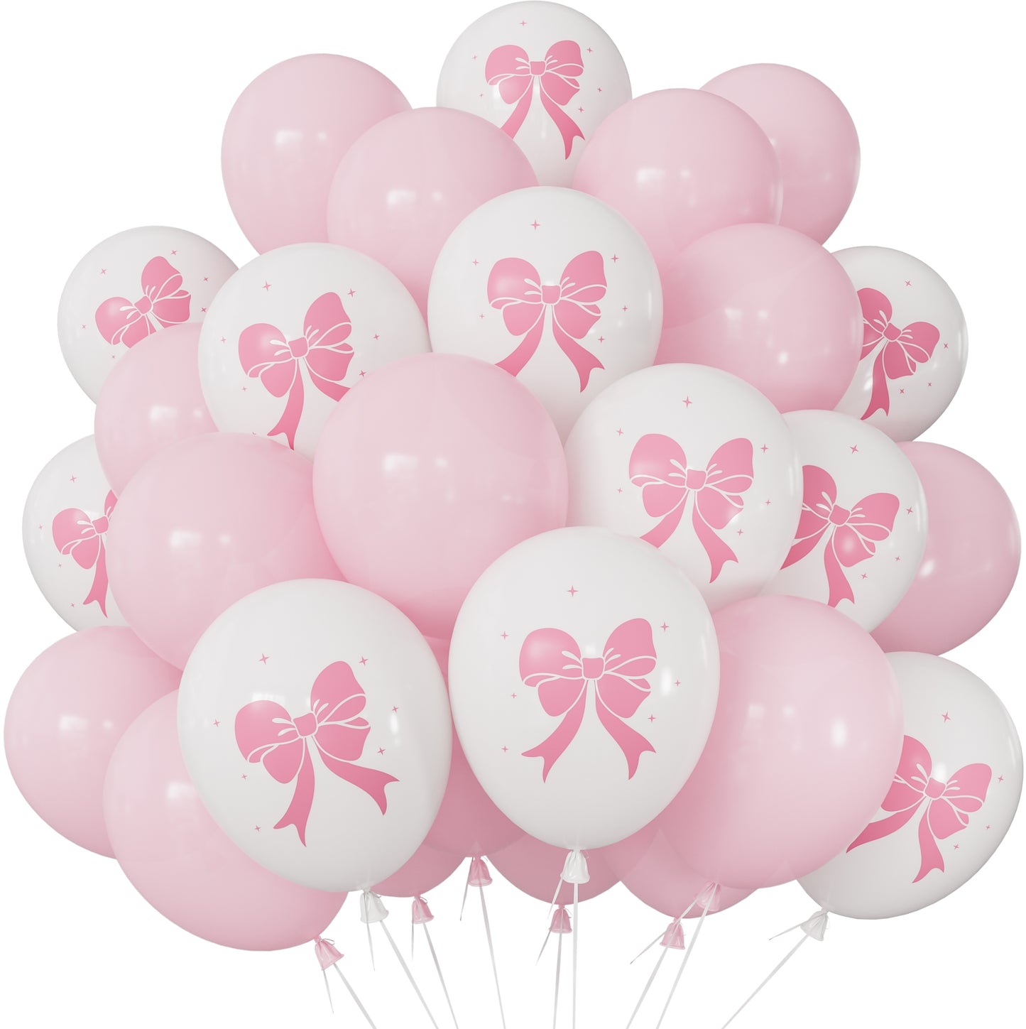Pink Bow Balloons - 12 Inch Pink and White Balloons with Large Bow Print Glitter Coquette Latex Balloon for Princess Girls Women Birthday Bridal Shower Wedding Bachelorette Party Decorations