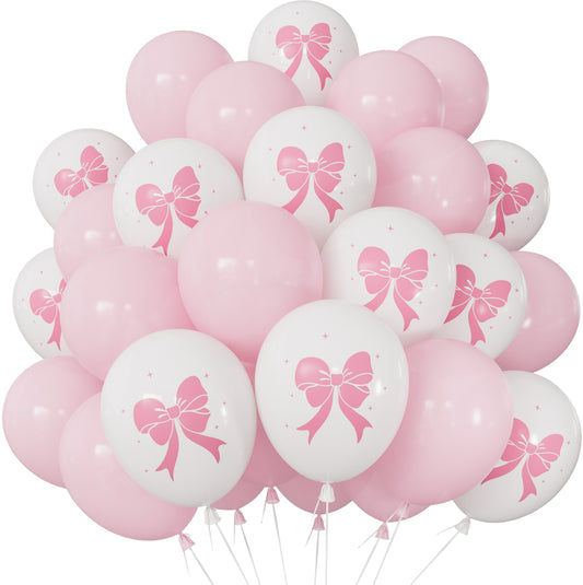 Pink Bow Balloons - 12 Inch Pink and White Balloons with Large Bow Print Glitter Coquette Latex Balloon for Princess Girls Women Birthday Bridal Shower Wedding Bachelorette Party Decorations
