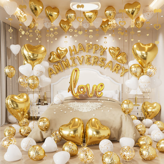 Happy Anniversary Decorations, Gold and White Romantic Balloons Set with Love & Heart Foil Balloons, Happy Anniversary Balloons Banner and Silk Rose Petals for Valentine’s Day & Sweetest Day