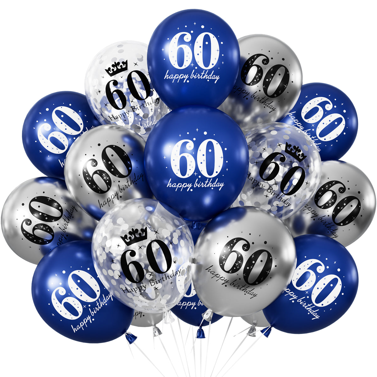 60th Birthday Balloons - 24Pcs Blue and Silver Balloons for birthday 12 Inch Happy Birthday Balloons, Navy Blue and Silver Confetti Balloons for Boys & Girls, 60th Birthday Party Decorations
