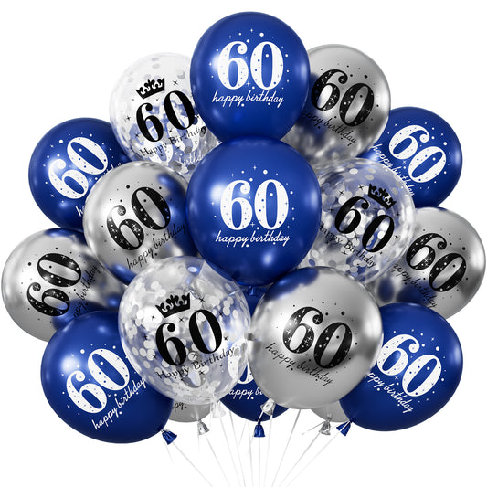 60th Birthday Balloons - 24Pcs Blue and Silver Balloons for birthday 12 Inch Happy Birthday Balloons, Navy Blue and Silver Confetti Balloons for Boys & Girls, 60th Birthday Party Decorations
