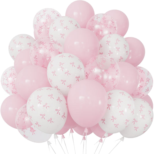 Pink Bow Balloons 50PCS, 12 Inch Pastel Pink, White & Clear Bow Print Balloons, Coquette Party Decorations for Girls and Women Birthday, Baby Shower, Bridal Shower & Bachelorette