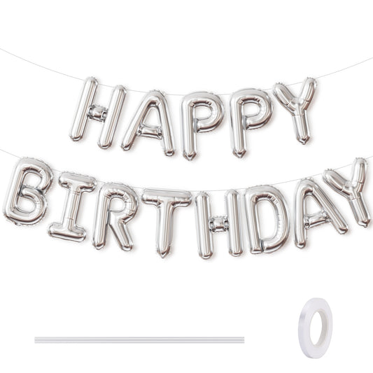 Adeyoo Silver Happy Birthday Balloon Banner - 16 Inch Happy Birthday Foil Balloon Big Letter Balloons Self Inflating Hbd Sign Balloons for Boys Girls Women Men Pet Birth Party Decorations