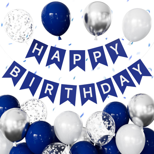Navy Blue Birthday Banner - Blue Happy Birthday Banner with 12 Inch Navy White Silver Latex Confetti Balloons Reusable Bunting Banners for Girls Women Pet Happy Birth Party Decorations