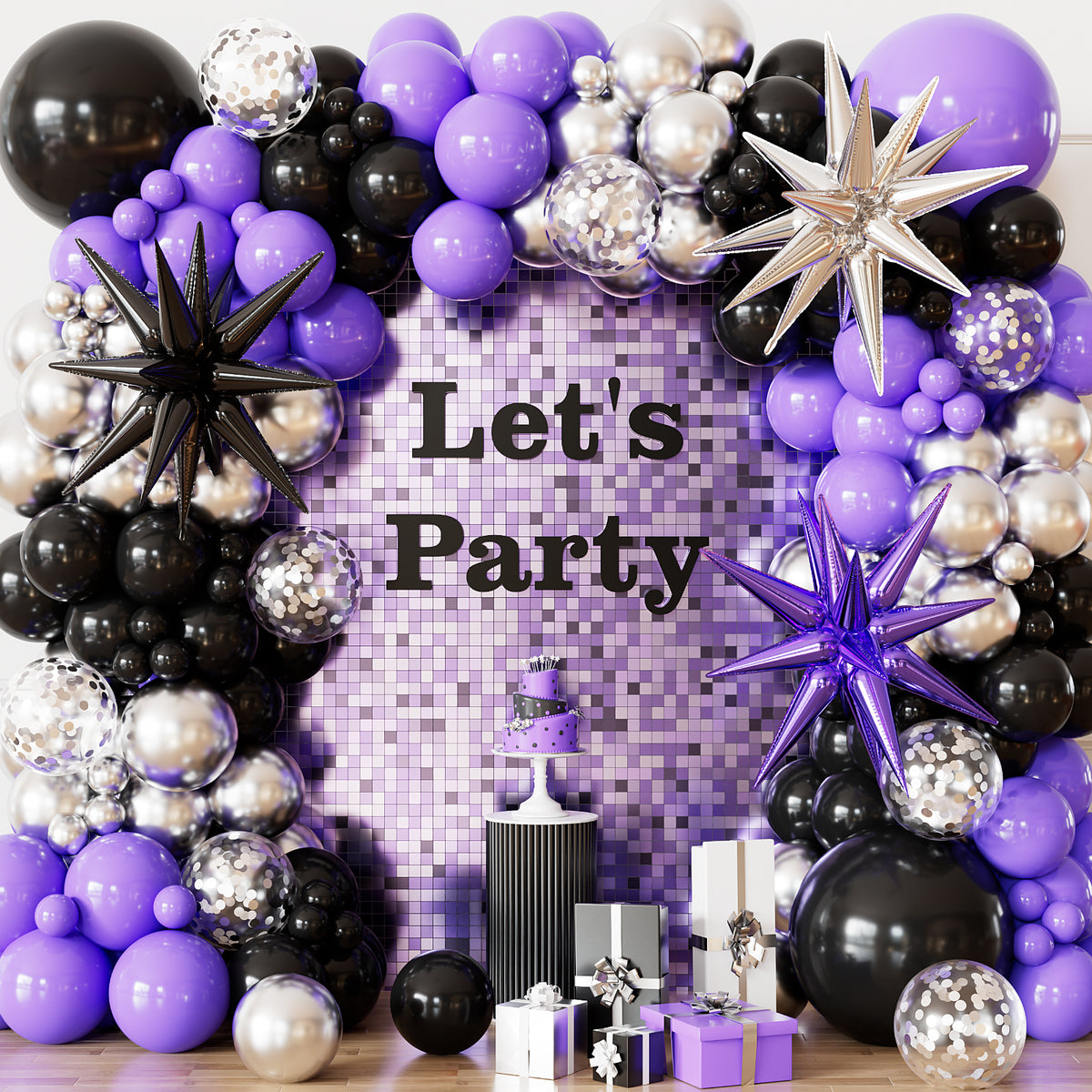 Purple and Black Balloon Garland Arch Kit with Star Foil Balloon 116Pcs Different Size Metallic Silver Balloon, Confetti Balloons for Halloween Graduation Birthday Party Decorations