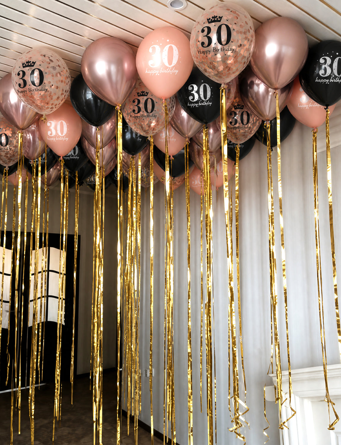 30th Birthday Balloons, Rose Gold and Black Balloons for Party Decor 24 Pcs 12 Inch Happy Birthday Balloons, Metallic and Pearl Rose Gold Balloons with Confetti, 30th Birthday Party Decorations