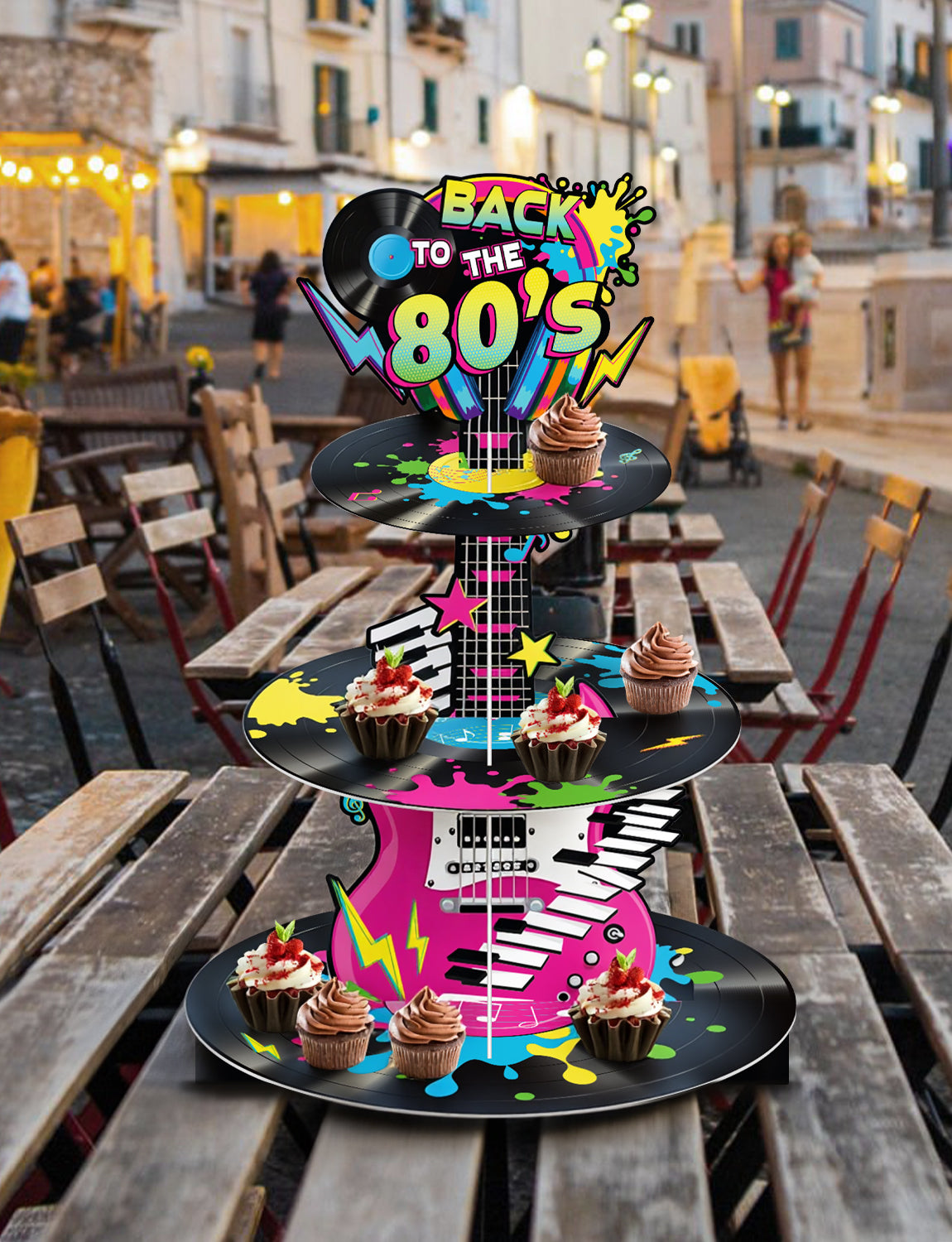 3 Tier 80s Cupcake Stand, Back To The 80's Guitar Cupcake Holder 1980s Cardboard Cupcake Stand, Neon Rock Cup Cake Stand for Dessert Stand, Hip Hop Rock Disco Music Birthday Party Decoration