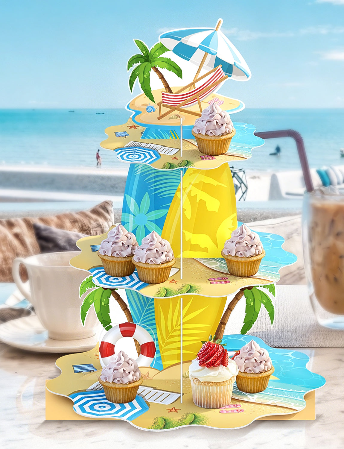 3 Tier Summer Beach Cupcake Stand, Pool Cupcake Holder Cardboard Cupcake Stand for Dessert Table Displays, Hawaiian Party Decorations for Summer Beach Tropical Pool Birthday