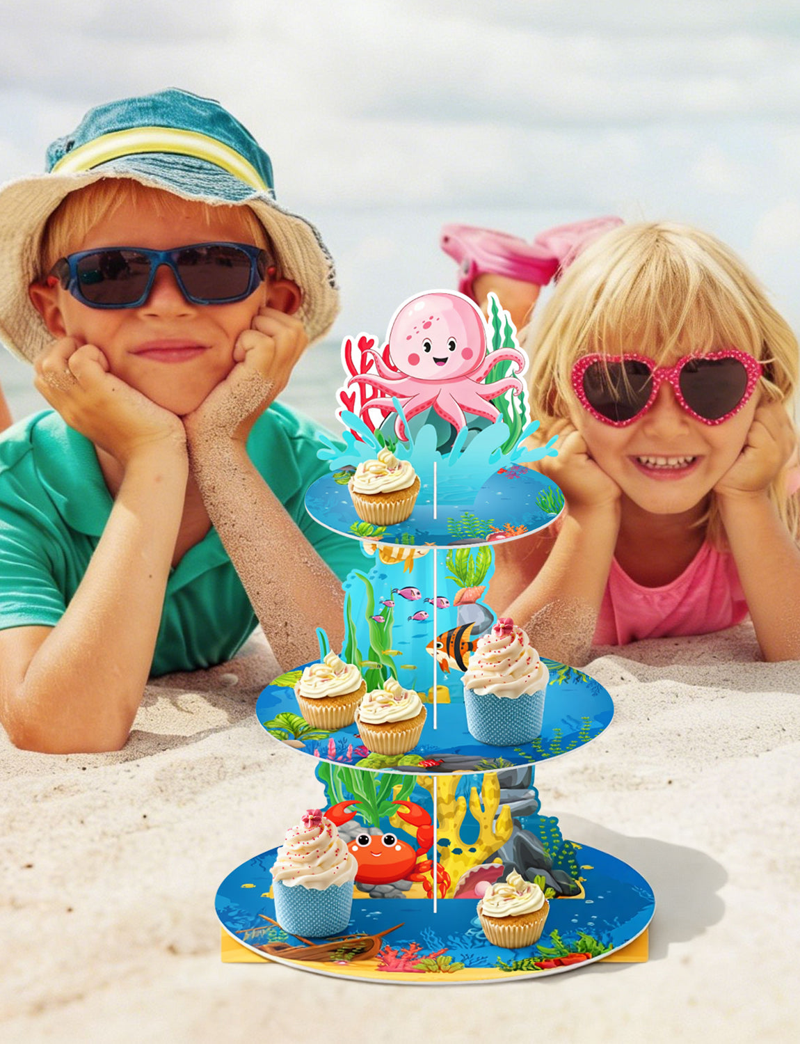 3 Tier Ocean Cupcake Stand, Under The Sea Cupcake Holder Cardboard Cupcake Stand for Dessert Table Display, Ocean Dessert Stand for Shark Mermaid Under the Sea Themed Birthday Party