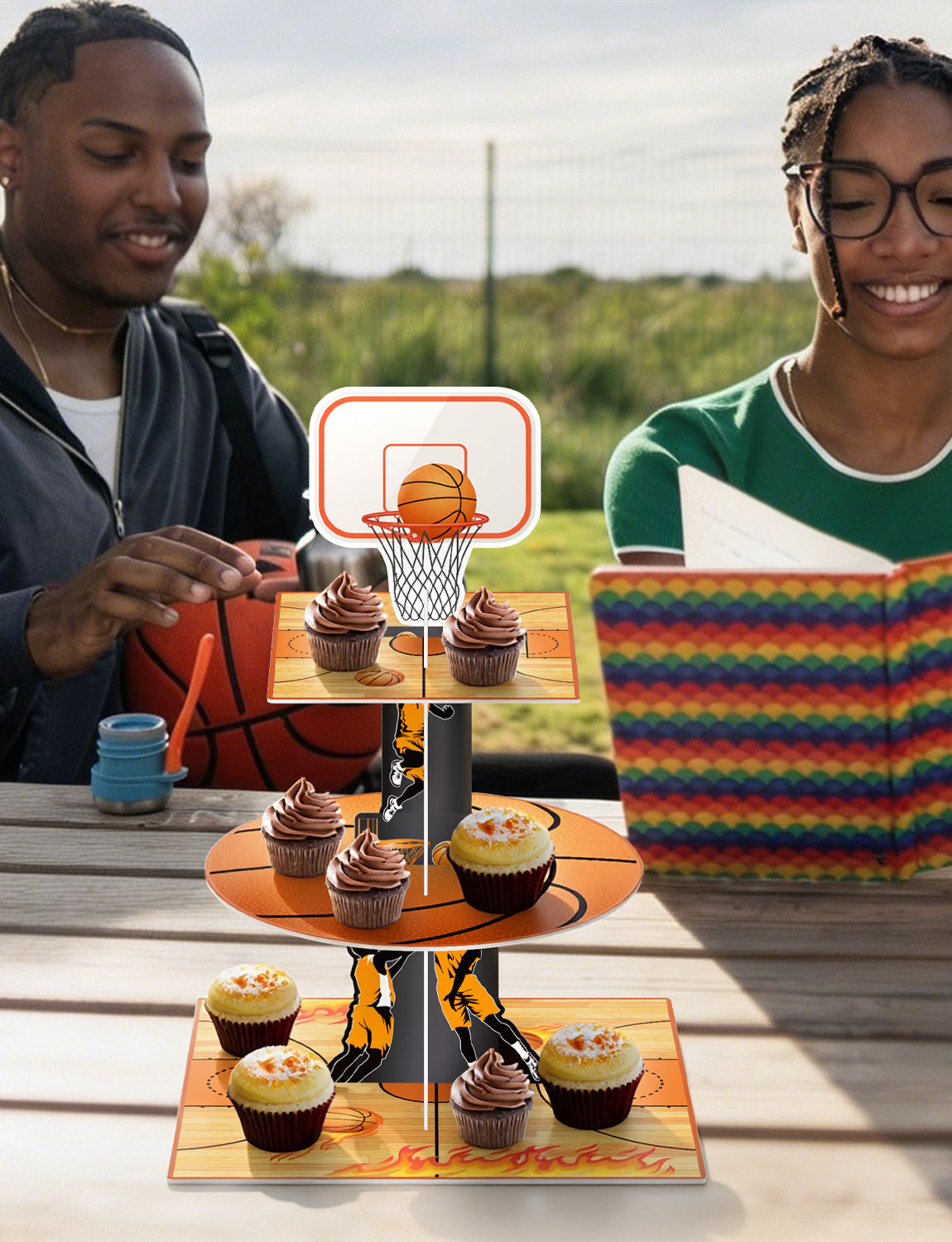 3 Tier Basketball Cupcake Stand, Basketball Theme Cupcake Holder Cardboard Cupcake Stand for Dessert Table Display, Basketball Decoration for Birthday Baby Shower Sports Theme Party Supplies