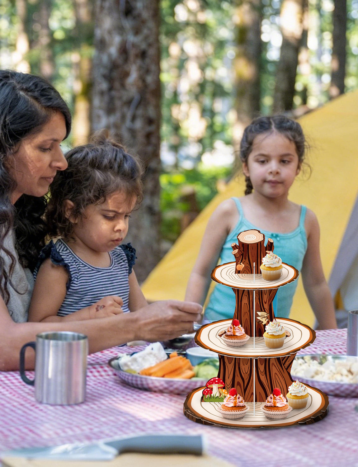3 Tier Woodland Cupcake Stand, Rustic Wood Cupcake Holder Stand Wooden Cake Stand for Dessert Table Display, Woodland Cardboard Cupcake Stand for Camping Birthday Safari Party Decoration