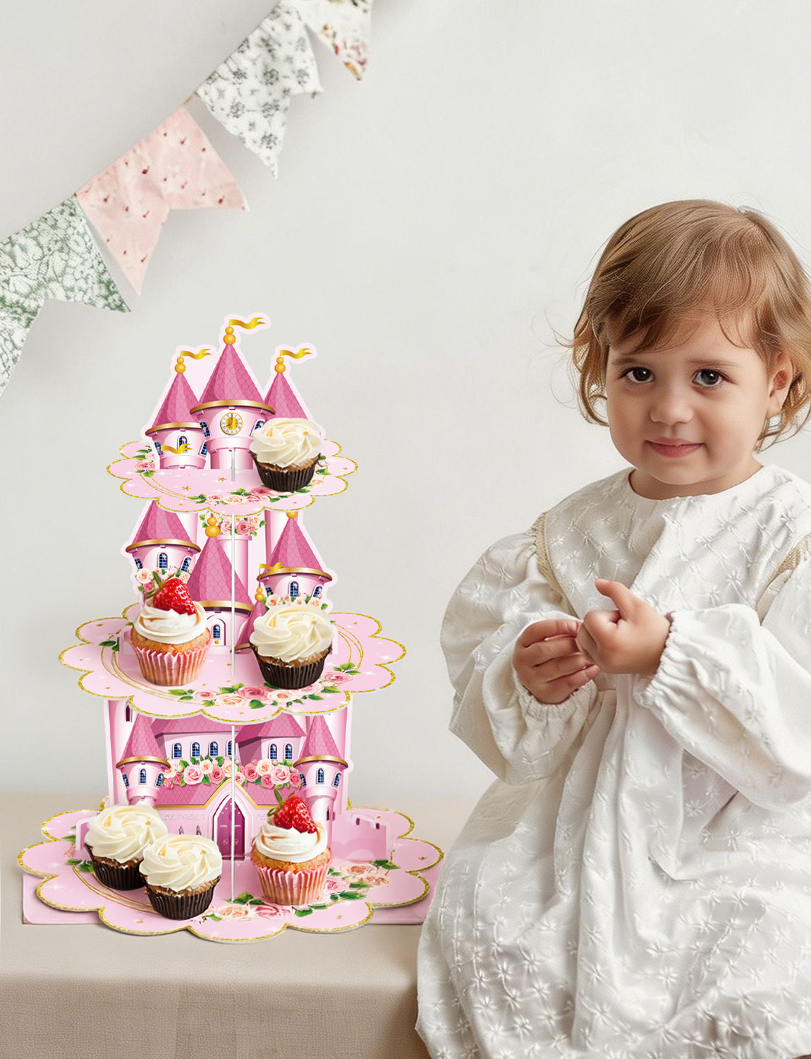 3 Tier Princess Cupcake Stand Floral Castle Cupcake Holder for Girls Pink Cardboard Cupcake Stand for Dessert Table Display, Princess Decor for Birthday Baby Shower Fairy Party Decorations