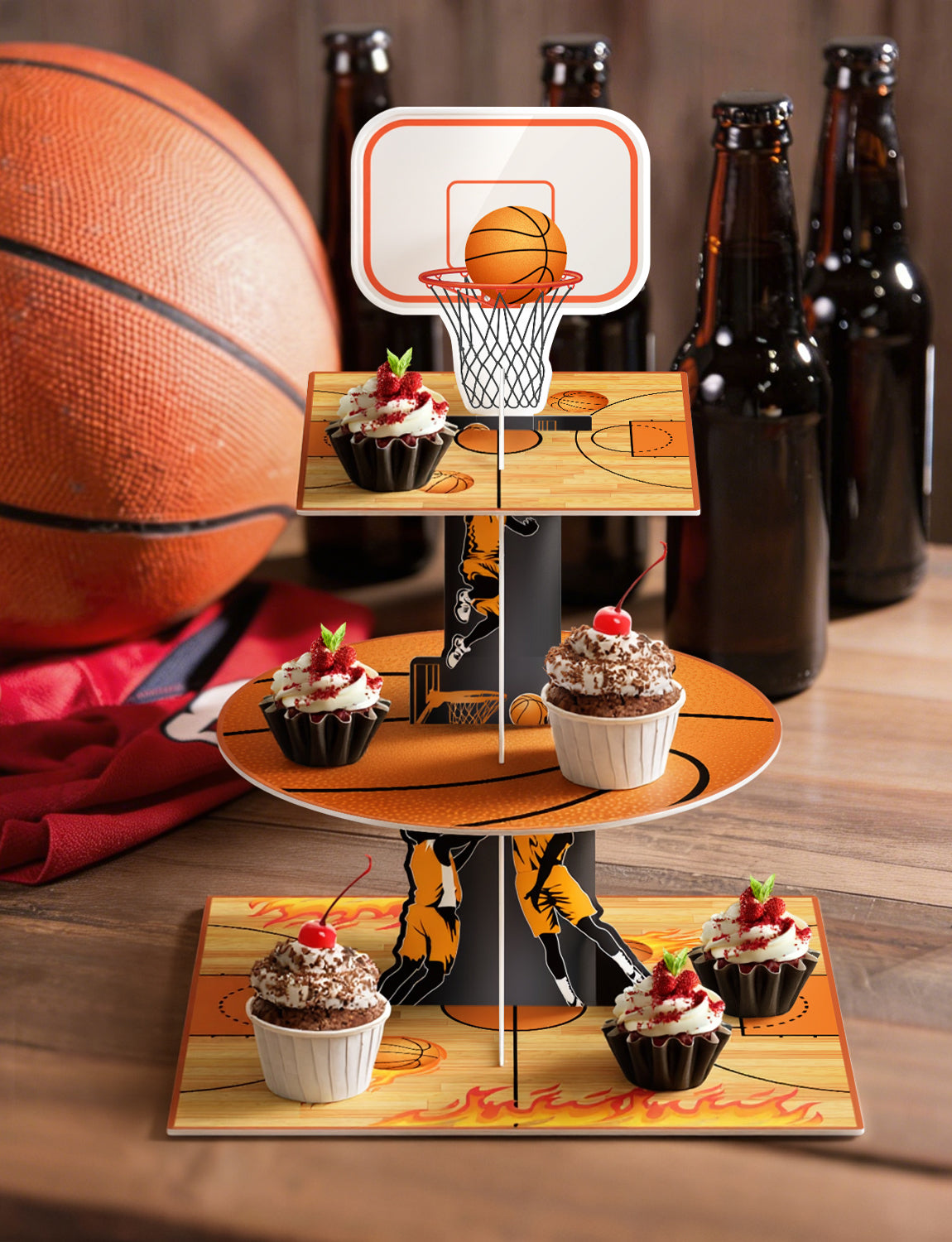 3 Tier Basketball Cupcake Stand, Basketball Theme Cupcake Holder Cardboard Cupcake Stand for Dessert Table Display, Basketball Decoration for Birthday Baby Shower Sports Theme Party Supplies
