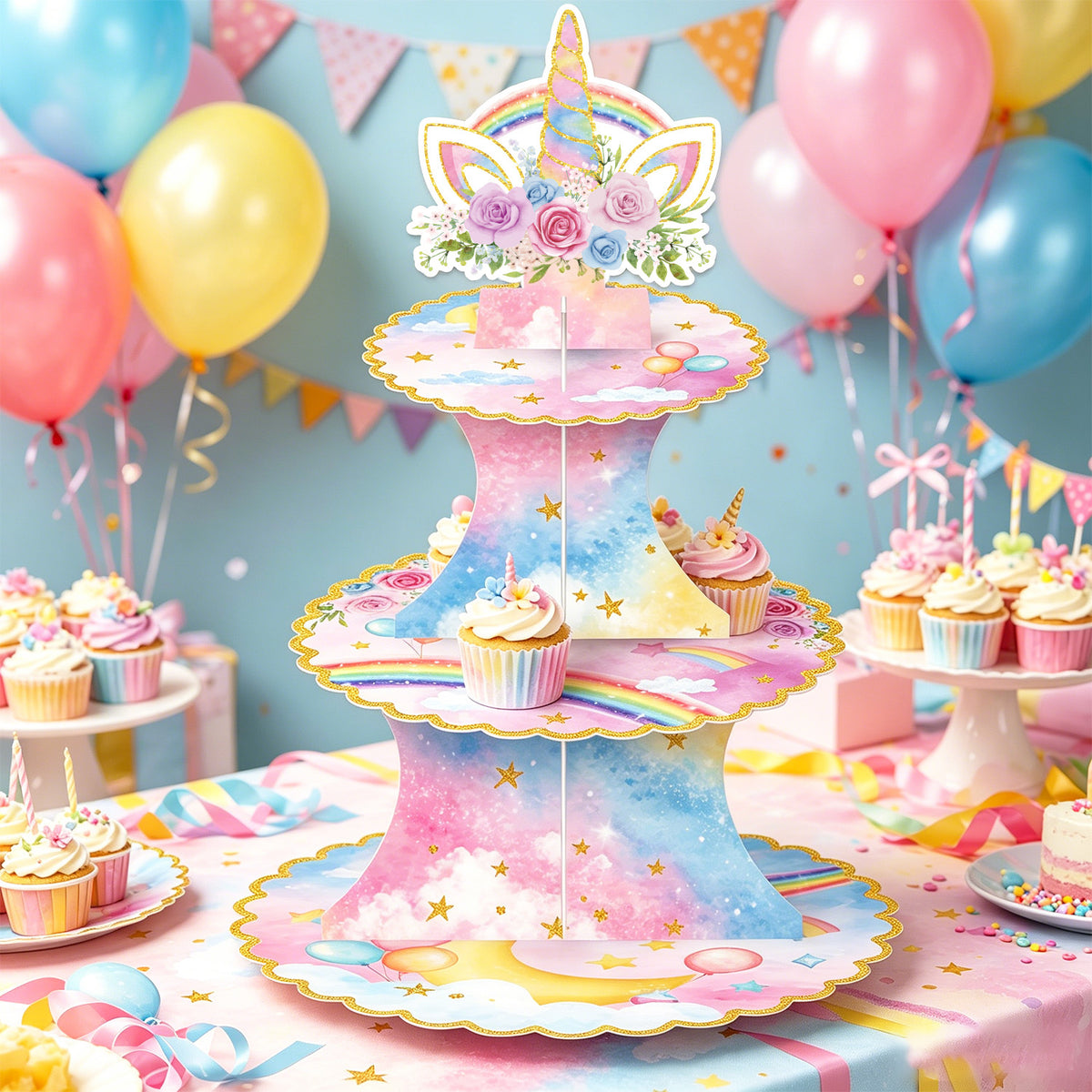 3 Tier Rainbow Cupcake Stand, Pastel Cake Stand for Rainbow Decor Pink Blue Cardboard Cupcake Holder for Dessert Table Display, Rainbow Birthday Decorations for Girls' Magical Floral Party