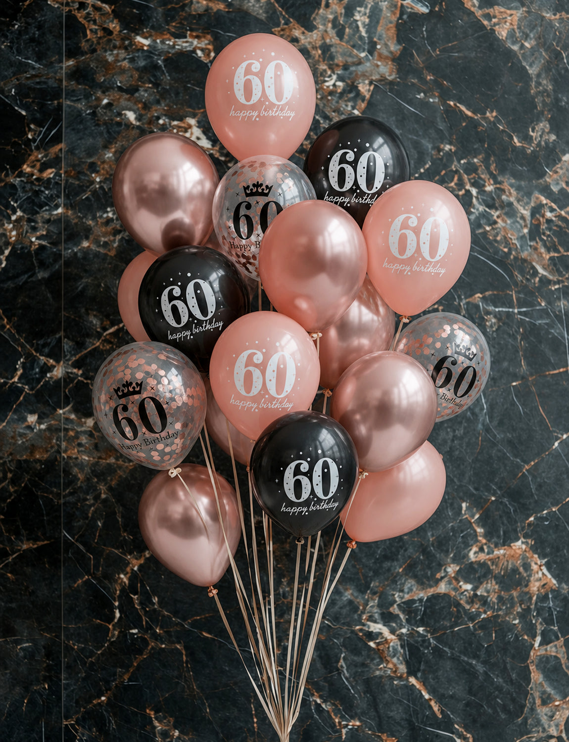 60th Birthday Balloons, Rose Gold and Black Balloons for Party Decor 24 Pcs 12 Inch Happy Birthday Balloons, Metallic and Pearl Rose Gold Balloons with Confetti, 60th Birthday Party Decorations