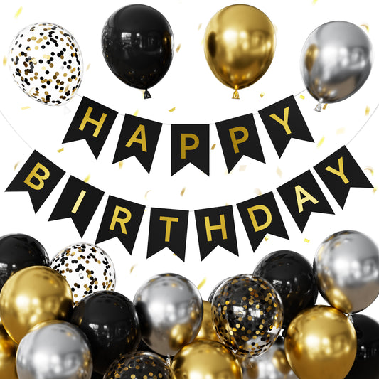 Black and Gold Happy Birthday Banner - Black and Gold Birthday Decorations with 12 Inch Latex Confetti Balloons Reusable Bunting Banner for Men Women Pet Happy Birth Party Decorations
