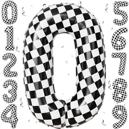 40 Inch Checkered Number 0 Balloon for Racing Birthday Decorations Large Number 0 Balloon, Black and White Foil Balloon for Birthday, Race Car and Checkered Flag Party Decorations