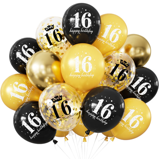 16th Birthday Balloons, 24 Pcs Black and Gold Balloons for Men Women 12Inch Black and Gold Balloons with Confetti balloons, Black and Gold 16th Birthday Decorations for Him & Her