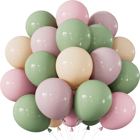 Sage Green and Pink Balloons, 12 Inch Dusty Pink and Green Balloons 50 Pcs Pink and Green Balloons, Nude Balloons for Fairy Wild One Birthday Baby Shower Bride Wedding Floral Party Decorations