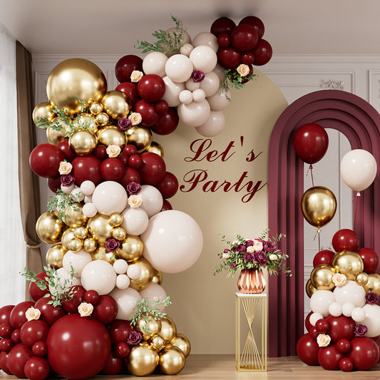 Adeyoo Burgundy Balloons Arch Kit Garland - 128 Pcs Wine Red Balloon Arch with Maroon White Balloon Glitter Gold Latex Balloons for Ruby Wedding Anniversary Birthday Prom Party Decorations