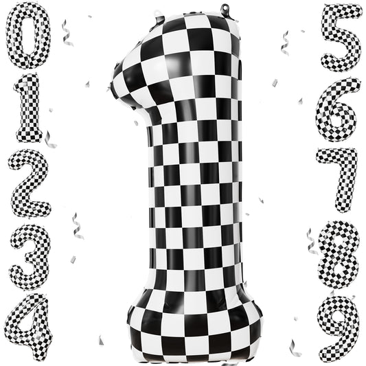 40 Inch Checkered Number 1 Balloon for Racing Birthday Decorations Large Number 1 Balloon, Black and White Foil Balloon for Birthday, Baby Shower, Race Car and Checkered Flag Party Decorations