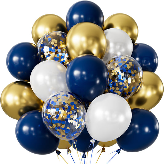 Adeyoo Navy Blue and Gold Balloons - 12 Inch Navy Blue Balloons Set, White Latex Balloon Glitter Metallic Gold Confetti Balloon for Birthday Baby Shower Wedding Graduation Party Decorations (50Pcs)