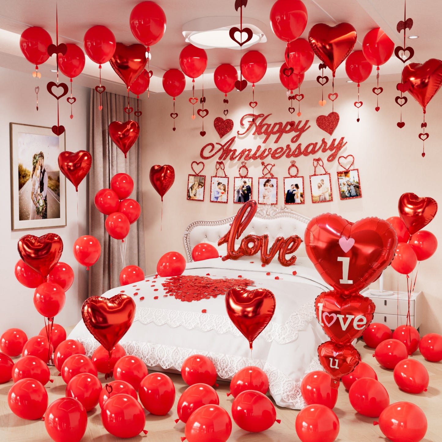 Adeyoo Anniversary Decorations - Valentines Day Decorations with Happy Anniversary Banner and Photo Banner, Red Heart Balloons I Love You Foil Balloons Rose Petals for Romantic Valentines Party