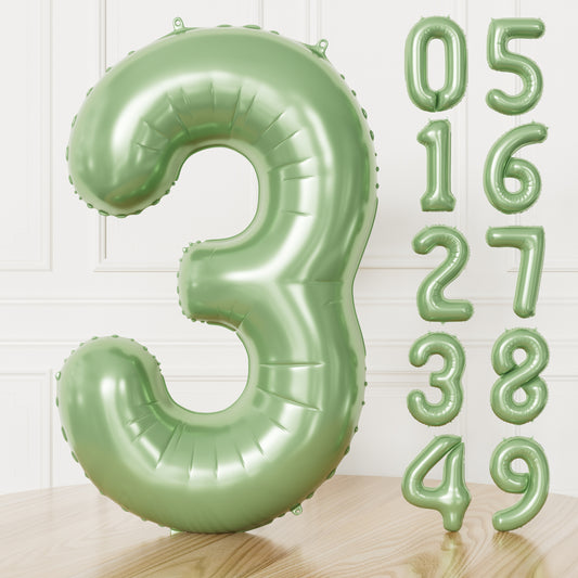 Adeyoo Green Number 3 Balloon - 40 Inch 3rd Birthday Balloon for Boys Girls, Sage Green Number Balloons 0-9, Self Inflating Foil Balloons for Women Men Birthday Jungle Anniversary Party Decorations