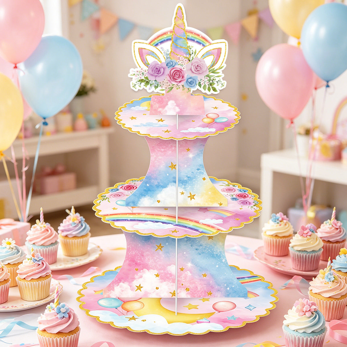 3 Tier Rainbow Cupcake Stand, Pastel Cake Stand for Rainbow Decor Pink Blue Cardboard Cupcake Holder for Dessert Table Display, Rainbow Birthday Decorations for Girls' Magical Floral Party