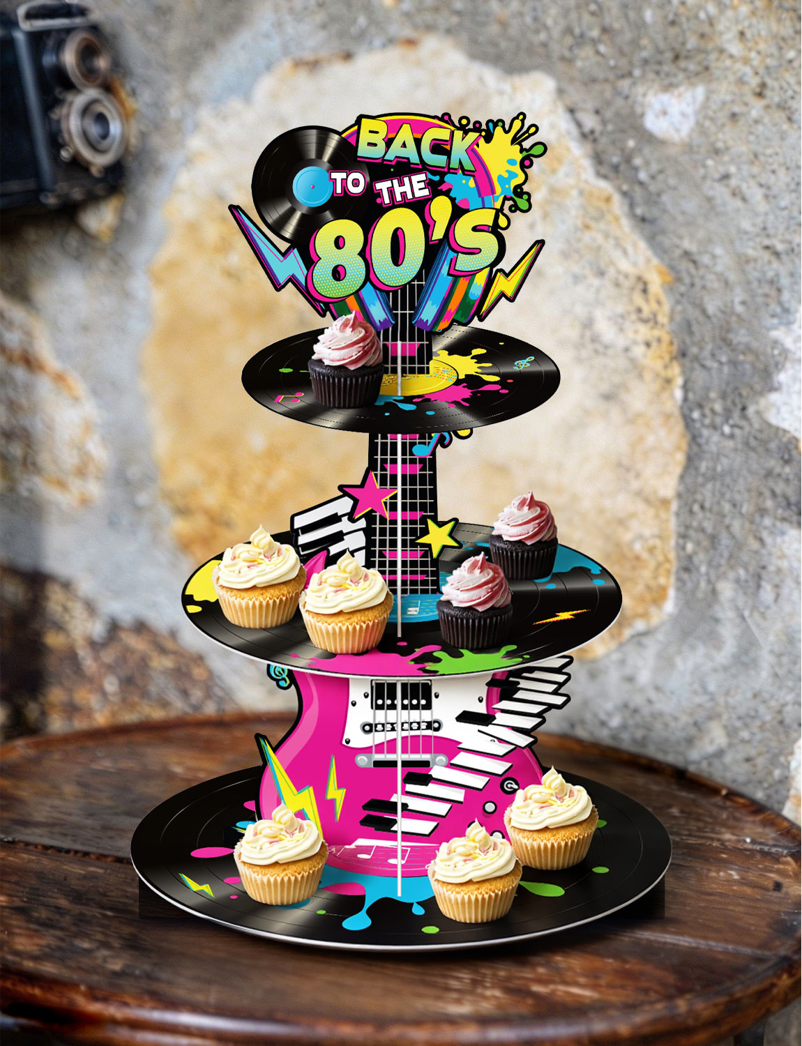 3 Tier 80s Cupcake Stand, Back To The 80's Guitar Cupcake Holder 1980s Cardboard Cupcake Stand, Neon Rock Cup Cake Stand for Dessert Stand, Hip Hop Rock Disco Music Birthday Party Decoration
