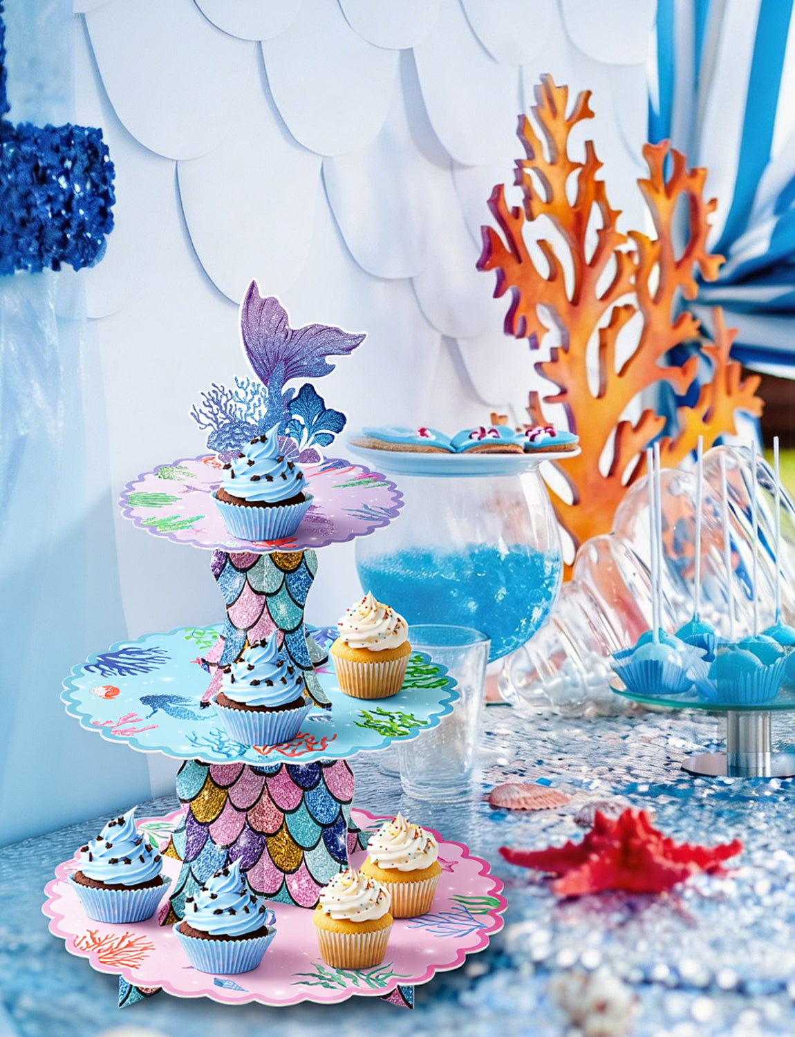 3 Tier Mermaid Cupcake Stand, Mermaid Party Decorations Mermaid Cupcake Holder for Dessert Table Display, Glitter Mermaid Cardboard Cupcake Stand, Under The Sea Party Supplies