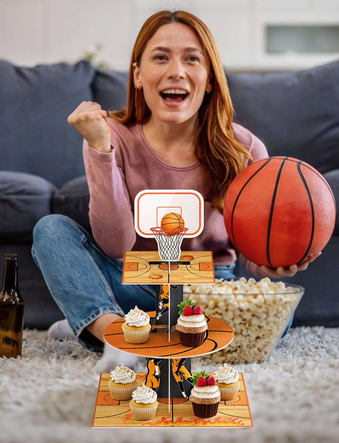 3 Tier Basketball Cupcake Stand, Basketball Theme Cupcake Holder Cardboard Cupcake Stand for Dessert Table Display, Basketball Decoration for Birthday Baby Shower Sports Theme Party Supplies