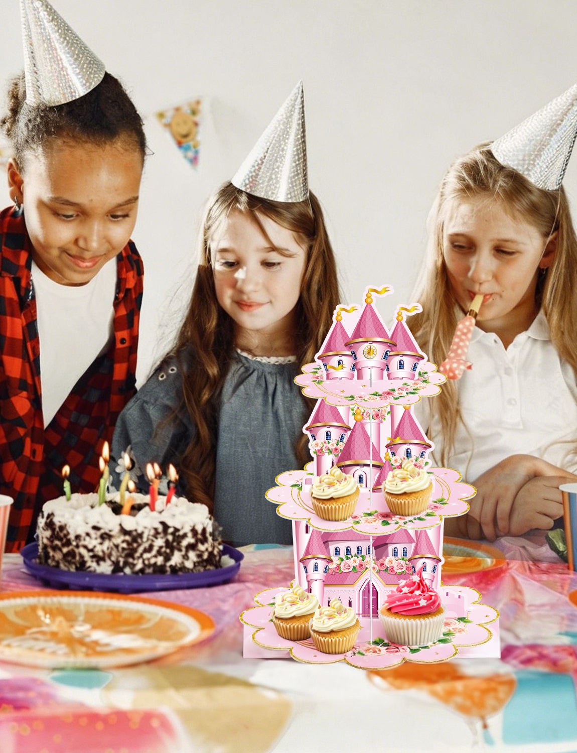 3 Tier Princess Cupcake Stand Floral Castle Cupcake Holder for Girls Pink Cardboard Cupcake Stand for Dessert Table Display, Princess Decor for Birthday Baby Shower Fairy Party Decorations