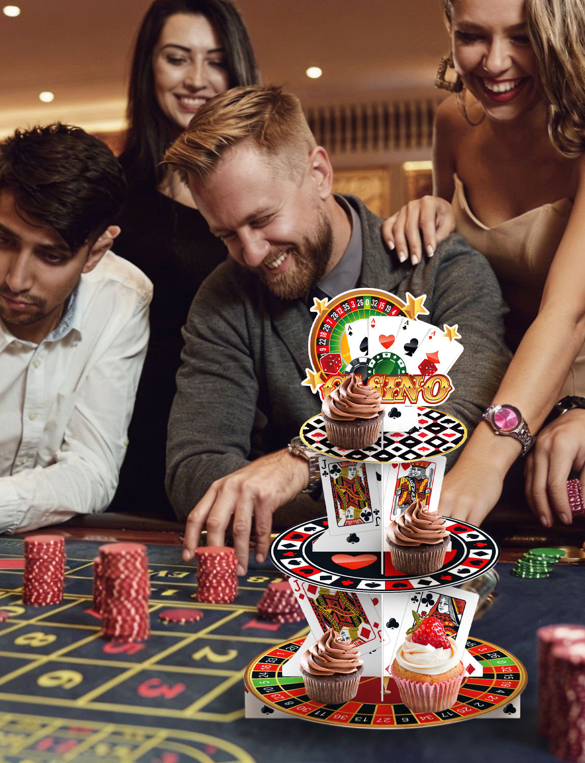 3 Tier Casino Cupcake Stand, Poker Cupcake Holder, Game Night Decor Cardboard Cupcake Stand for Dessert Table Display, Casino Night Party Decorations for Las Vegas Night Birthday Party Supplies