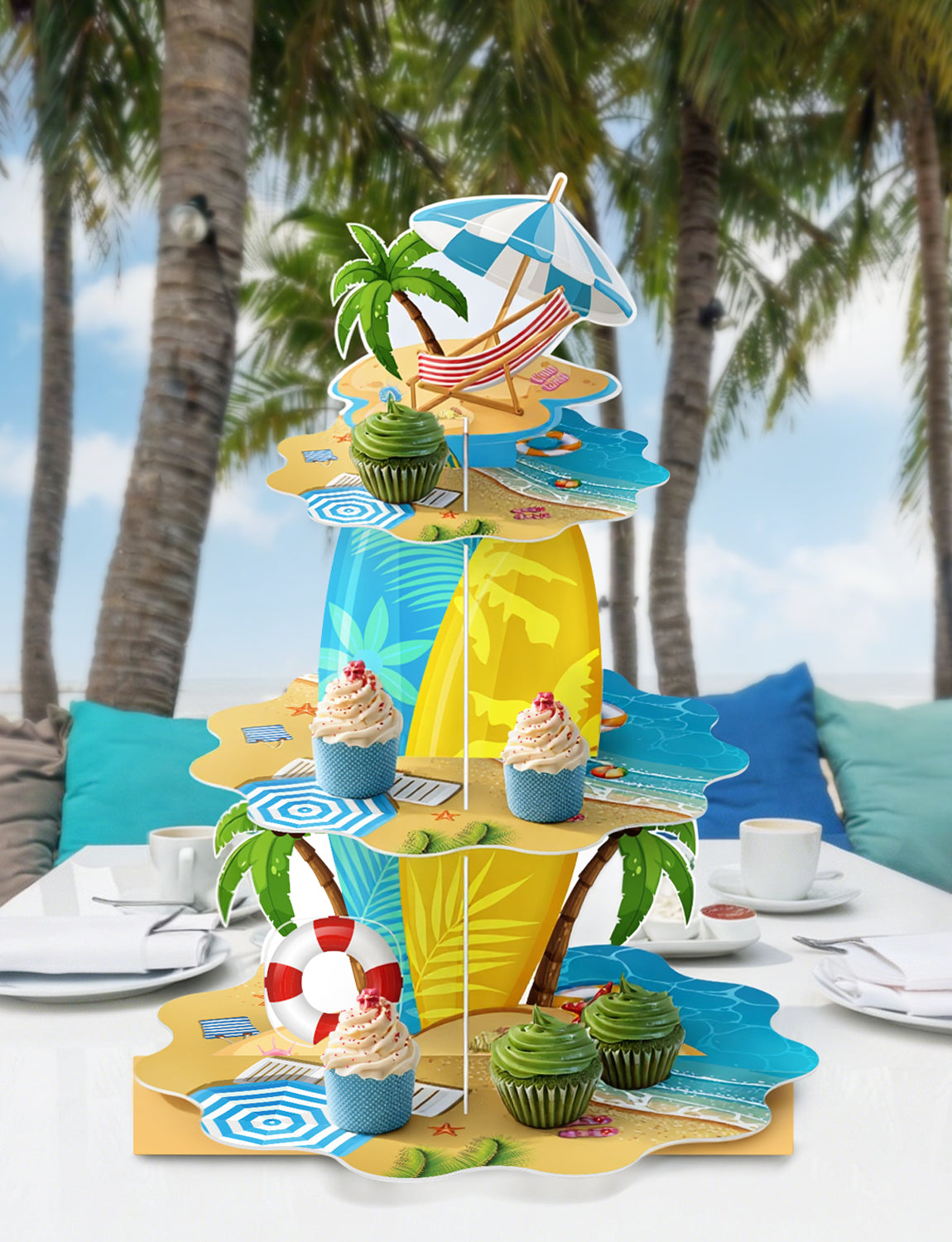 3 Tier Summer Beach Cupcake Stand, Pool Cupcake Holder Cardboard Cupcake Stand for Dessert Table Displays, Hawaiian Party Decorations for Summer Beach Tropical Pool Birthday