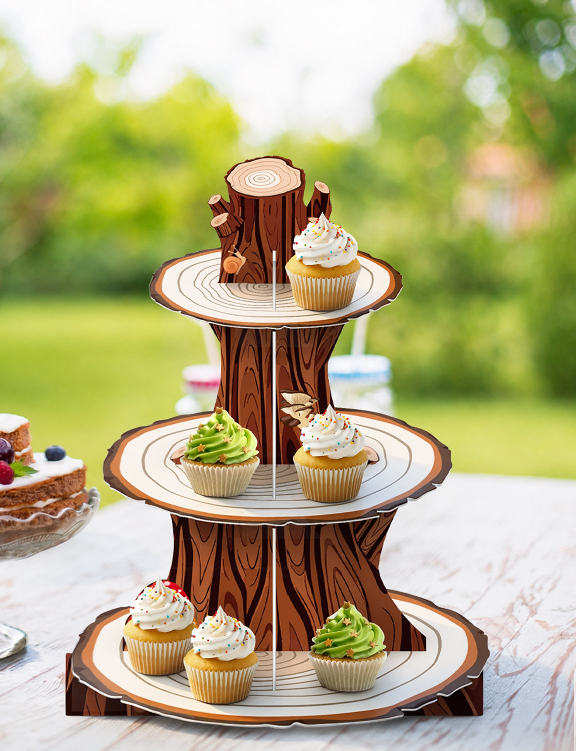 3 Tier Woodland Cupcake Stand, Rustic Wood Cupcake Holder Stand Wooden Cake Stand for Dessert Table Display, Woodland Cardboard Cupcake Stand for Camping Birthday Safari Party Decoration