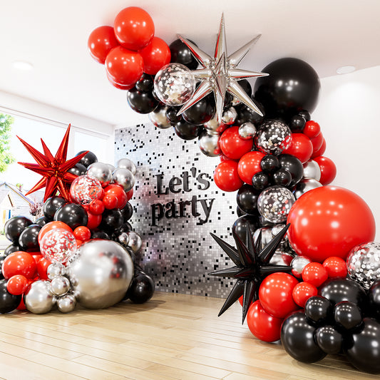 Adeyoo Red and Black Balloon Arch Kit Garland - Red Black Silver Balloons Arch Kit with Explosion Star Balloons, Confetti Latex Balloon for Birthday Poker Card Anniversary Graduation Party Decorations
