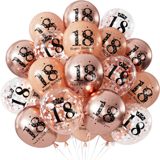 Adeyoo 24Pcs 18th Birthday Balloons for Girls - Fabulous 12Inch Rose Gold 18th Latex Confetti Balloons, Rose Gold 18 Happy Birthday and Anniversary Party Decorations for Girls Boys